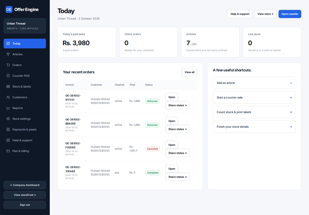 Modern owner dashboard with sales, online orders and shortcuts